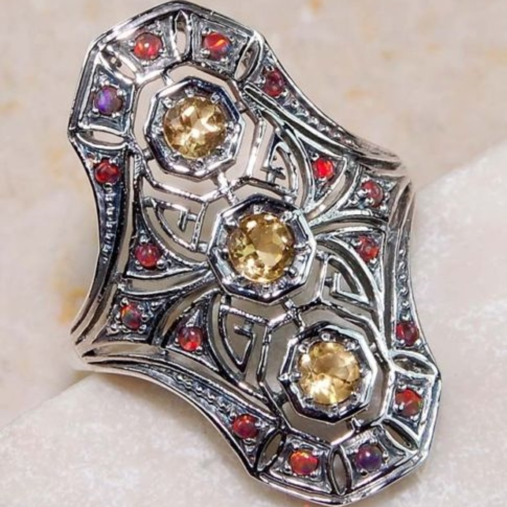 2CT Citrine & Opal 925 Silver Ring Size 6